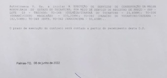 Após inúmeras reivindicações do Prefeito Marquinho e dos Vereadores Municipais, a Ordem de Serviço para iniciar a Recuperação da Rodovia TO-348 entre a TO-342/ Araguacema – 50km foi autorizada